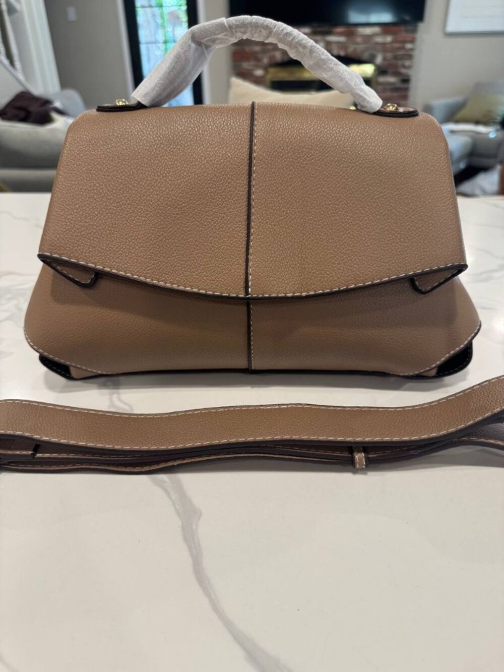 Taupe Pebbled Leather Top Handle Flap Satchel Crossbody Bag Gold Hardware New